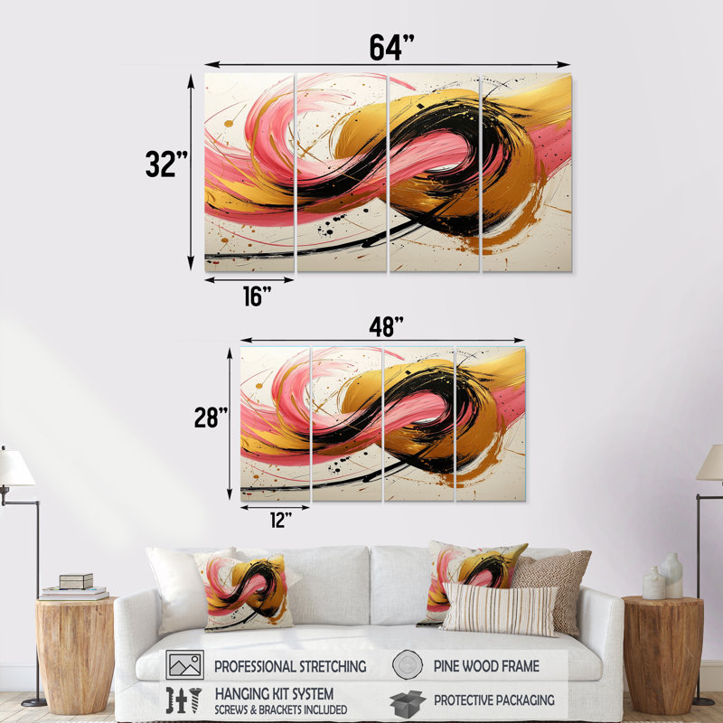 Cercles abstraits dans des tons roses et dorés - ensemble d'art mural formes abstraites, H 32 po x l 64 po