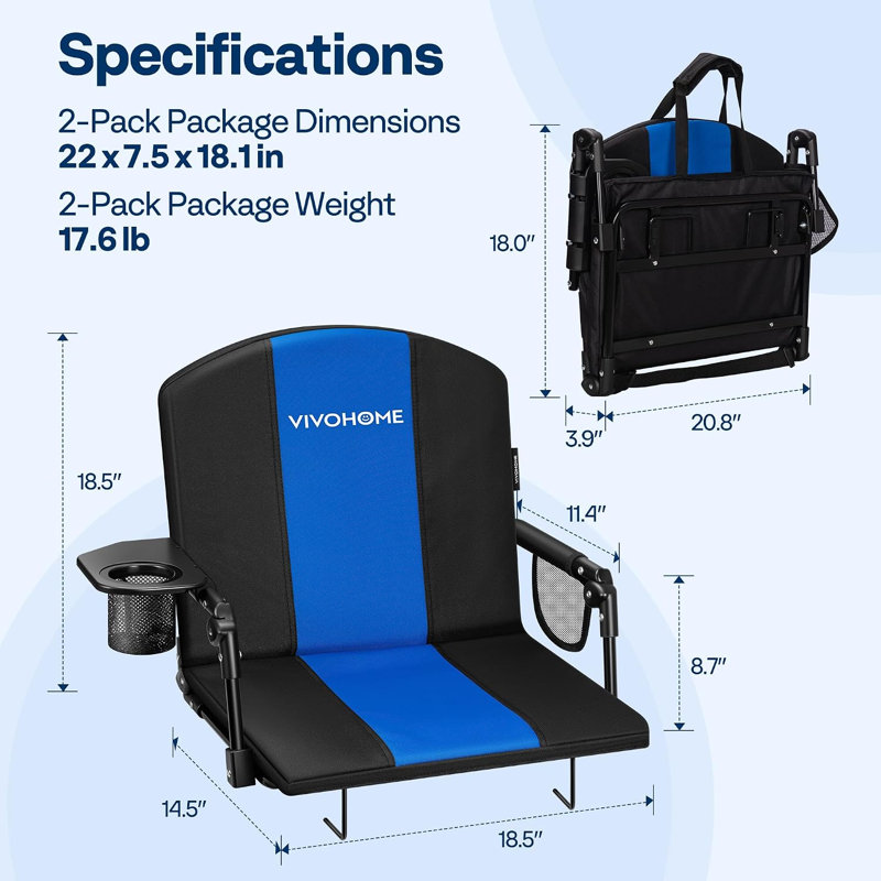 Ensemble de 2 sièges de stade portatifs avec support pour le dos et porte-gobelet, Bleu / Noir