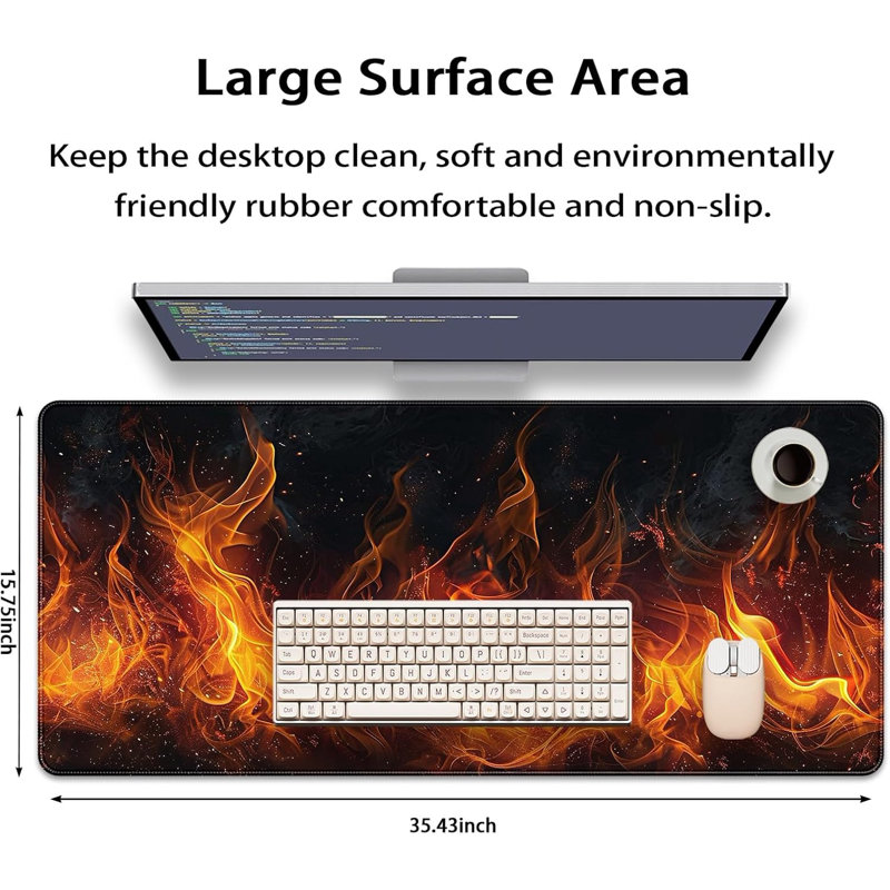 Tapis de souris de bureau 40 x 90 cm (15,75 x 35,43 pouces), grand format avec bords cousus, motif de flamme sur fond noir, idéal pour le gaming.