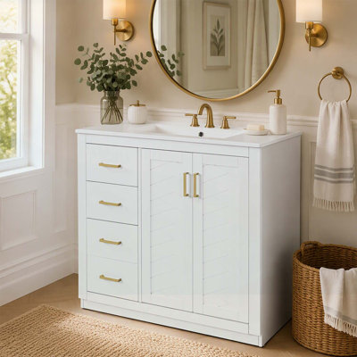 Meuble-lavabo de 91 cm (36 po) avec lavabo en céramique, structure en bois, 3 tiroirs et portes à fermeture en douceur pour un rangement élégant