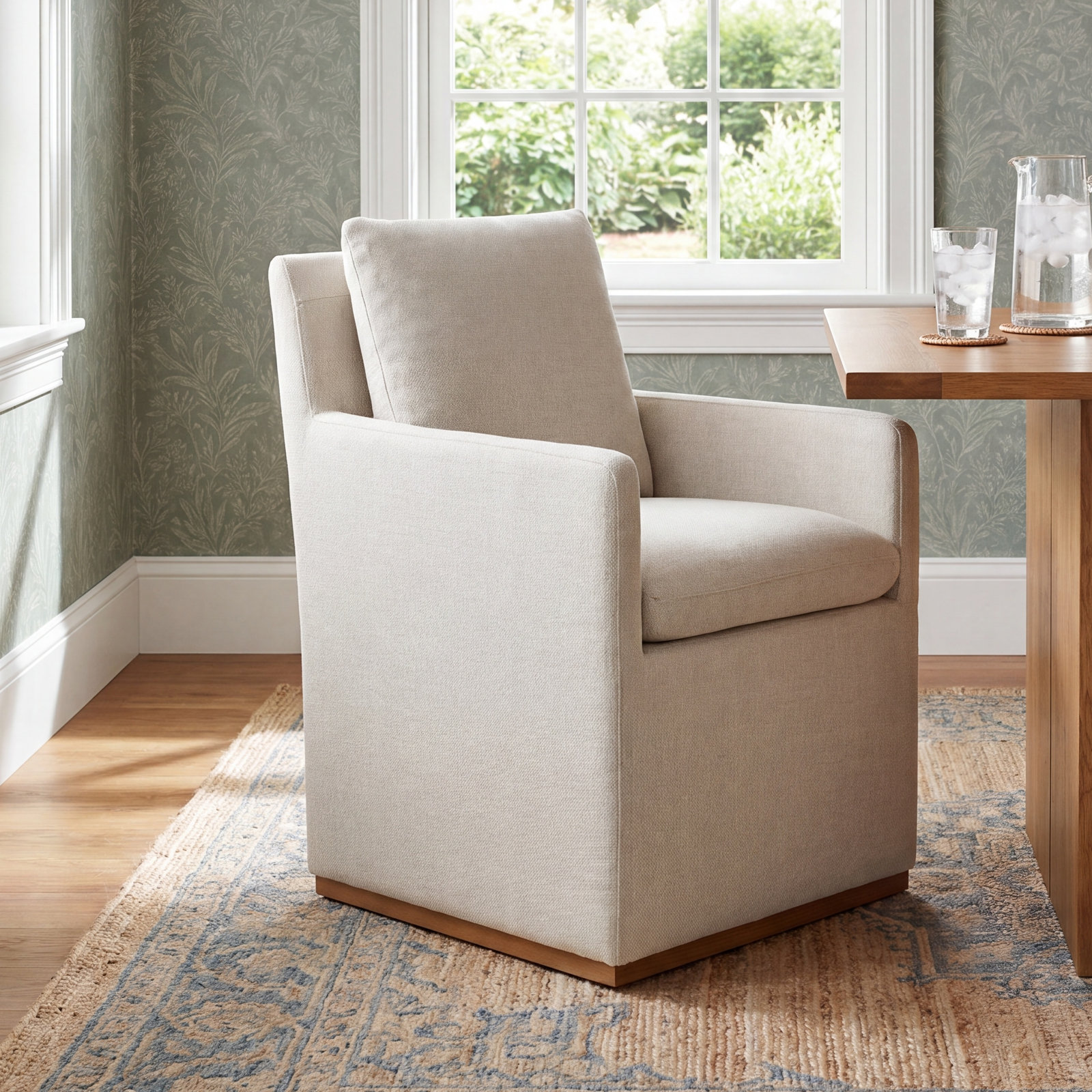 Bobbi Upholstered Dining Arm Chair, Effie Flax Performance Linen