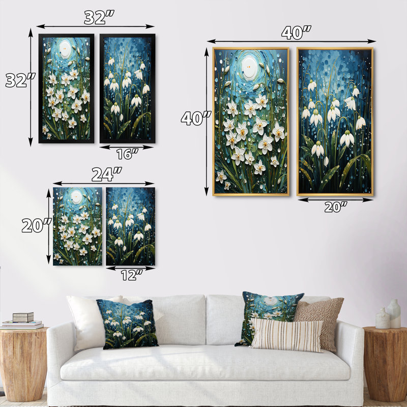 «White Snowdrops Field Pointillism», 2 pièces, H 24 po x l 20 po, Cadre noir