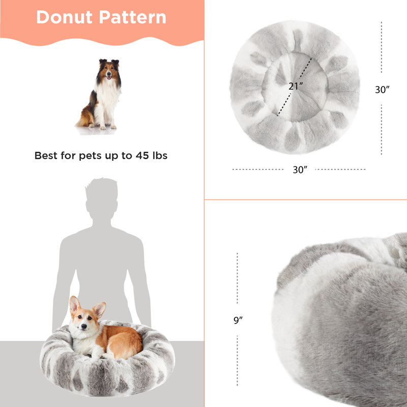 Gray Patterned Lux Faux Fur Large Donut Dog Bed