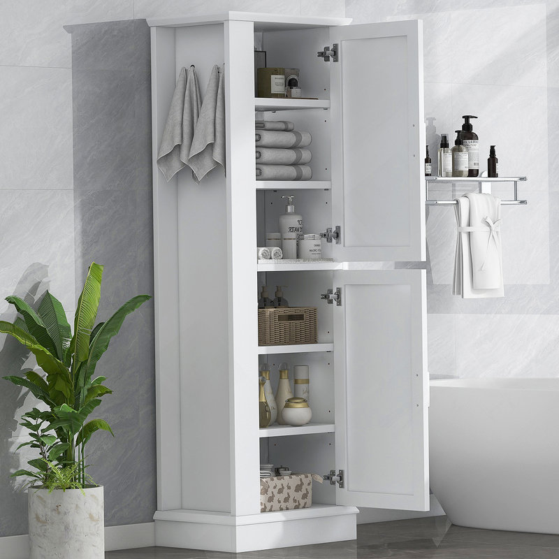 Tall Bathroom Storage Cabinet, Freestanding Storage Cabinet With Hook And Adjustable Shelf, MDF Board, White, White