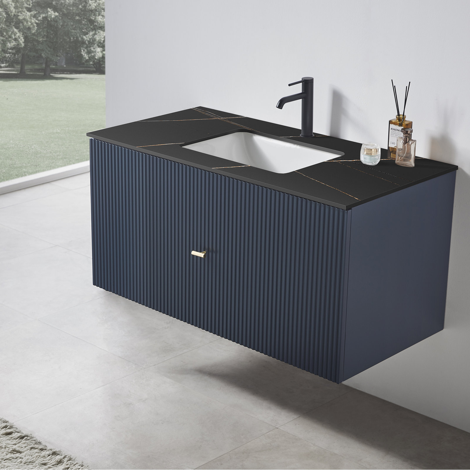 Jamell 42" Single Bathroom Vanity, Dark Blue, Black