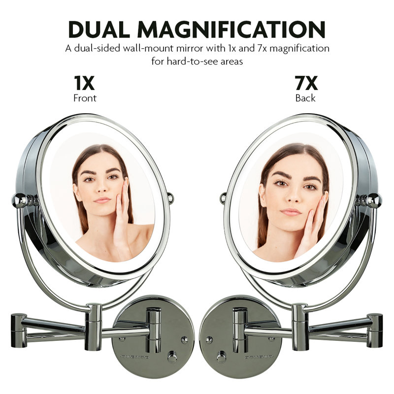Elegant Polished Chrome LED Wall-Mounted Makeup Mirror 8.5" with Dual Magnification