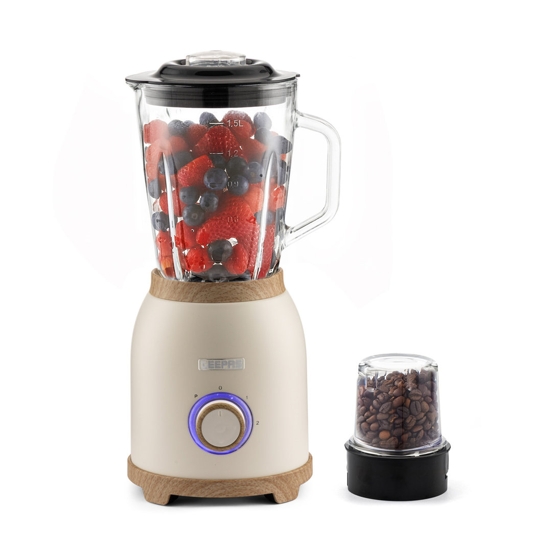 GEEPAS NordiQ 2-in-1 Food Jug Blender | Smoothie Maker with 1.5L Glass Juice Jar & Mini Coffee Spice Grinder Mill | 6 Stainless Steel Ice Crusher Blad