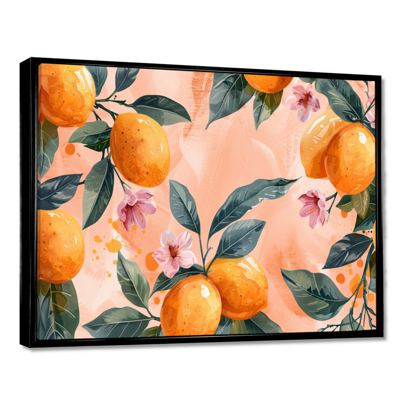 Art floral jaune jaune, rose, orange, arbres III, Cadre flottant noir, H 24 po x l 32 po