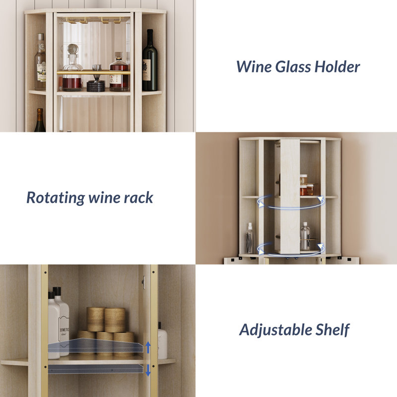 White Sand 68" Corner Bar Cabinet with Rotating Wine Rack