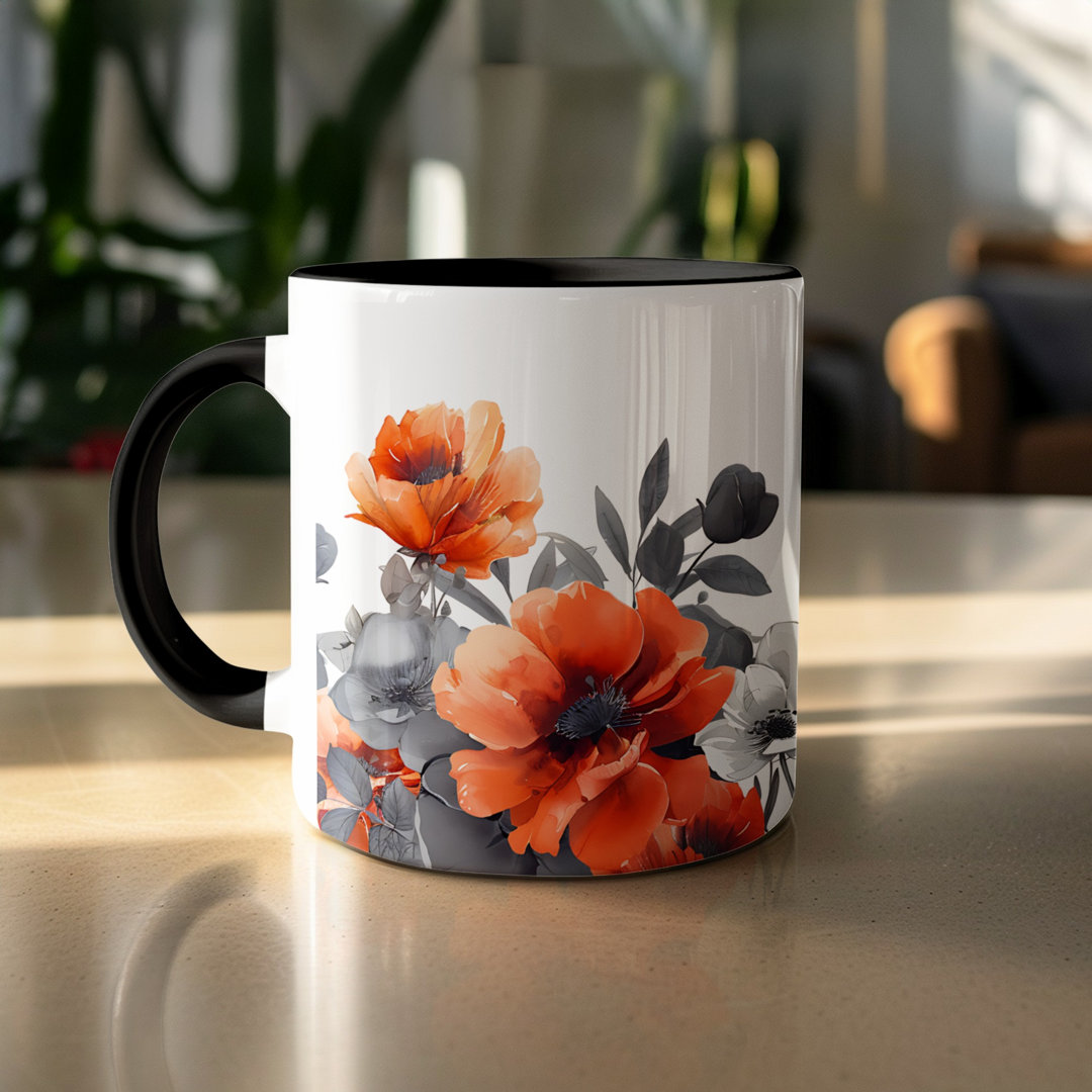 Set of 2 Watercolour Floral 11oz Accent Mugs, White Ceramic Coffee Cups with Black Handle & Interior