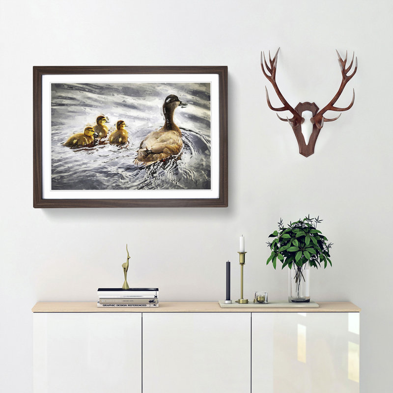 Ducklings with Mother Duck - Picture Frame Graphic Art Print, 27cm H x 36cm W x 2cm D, Walnut Framed