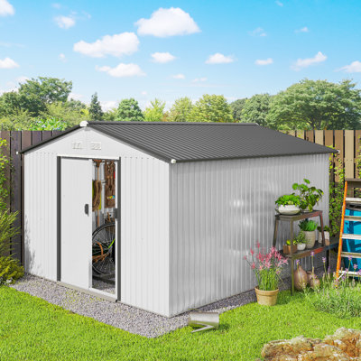 Outsunny 11' x 9' Outdoor Storage Shed, Garden Tool Metal Shed with Foundation Kit, Double Lockable Door, Air Vents and Sloping Roof, for Backyard, Patio, Lawn, Silver