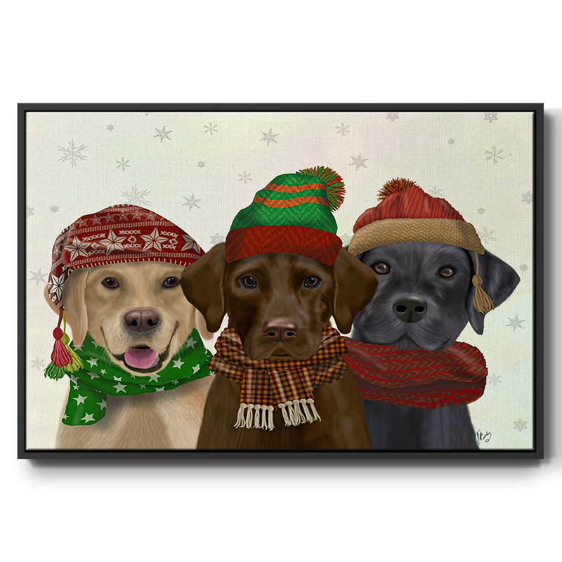 Christmas 3 Winter Labs, reproduction d'art sur toile, Cadre flottant noir, H 17 po x l 25 po x P 1,5 po