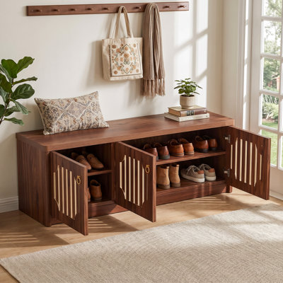 Wooden Shoe Storage Bench with 3 Slatted Doors & Adjustable Inner Shelf, Walnut Entryway Shoe Cabinet