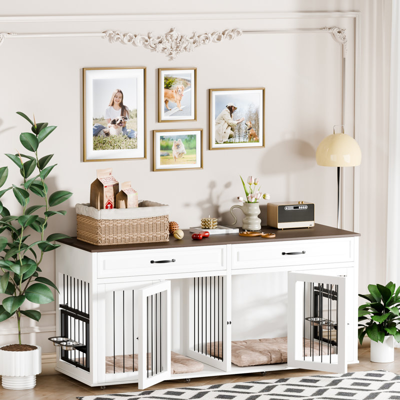 71" White Rolling Large Dog Crate Table with Drawers