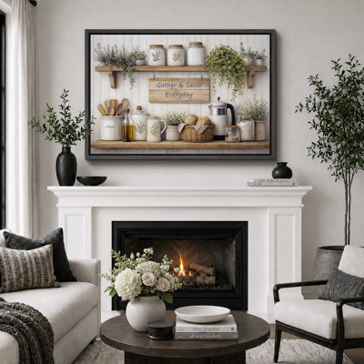 «Gather And Savour Everyday Farmhouse Tablette de cuisine», images de cuisine, impression sur toile encadrée