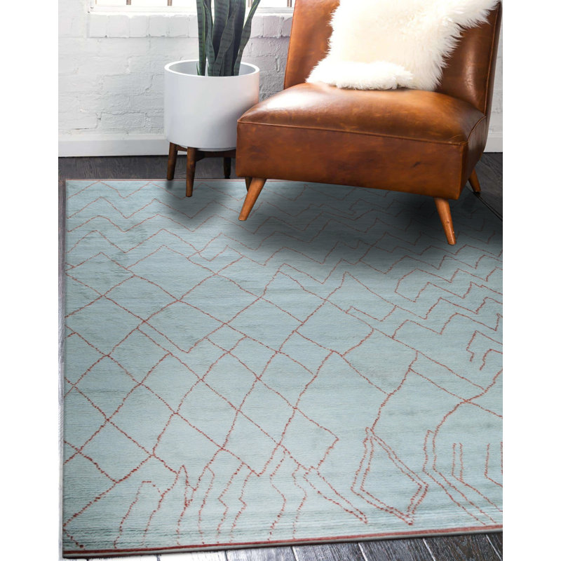 Tapis bleu en laine noué à la main Isla, Rectangle 4 pi x 8 pi