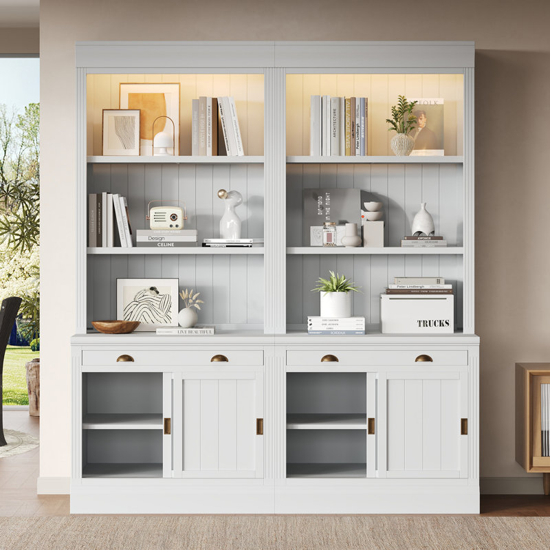 83.4"Tall Bookshelf Suite With LED Lighting,  Bookcase Suite With Sliding Doors,Drawers And Open Shelves,Storage Bookshelf