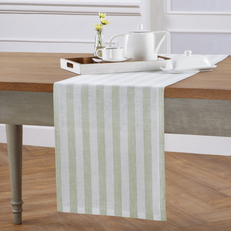Sage and White Striped Linen Table Runner 60 inches