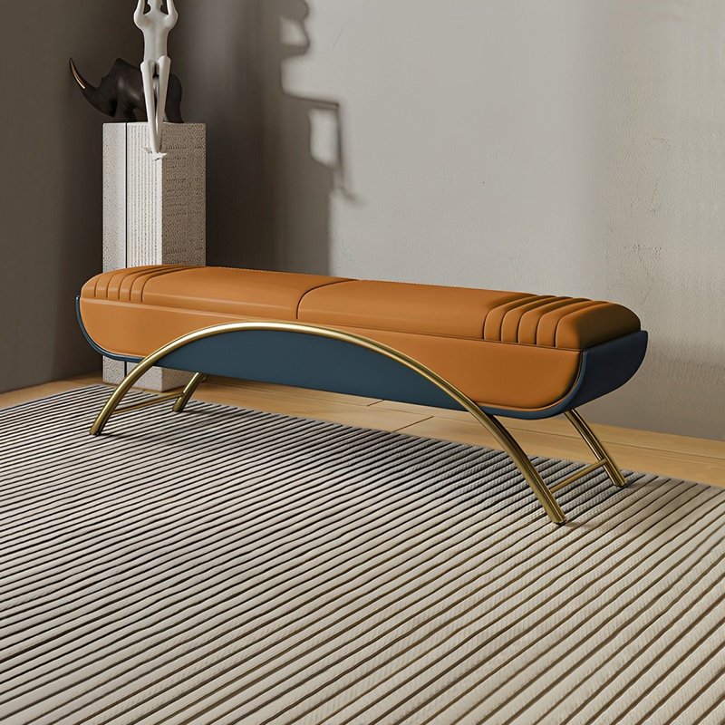 Banc rembourré avec tabouret italien, Orange/Bleu foncé, H 18,50 po x l 59,05 po x P 16,92 po	