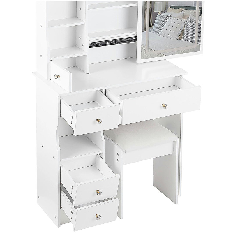29.2" Small Size Left Drawer Desktop Vanity Table + Cushioned Stool, Large Sliding, Touch Control, Tri-color Switching, Brightness Adjust LED Mirror, High Capacity Storage, Suitable for Small Space