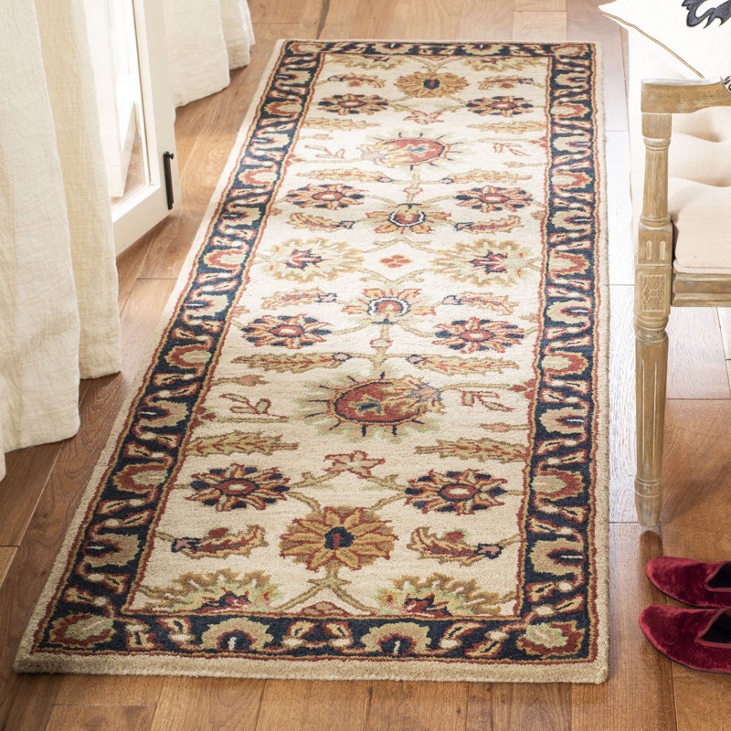 Hand-Tufted Ivory and Navy Wool High Pile Runner Rug