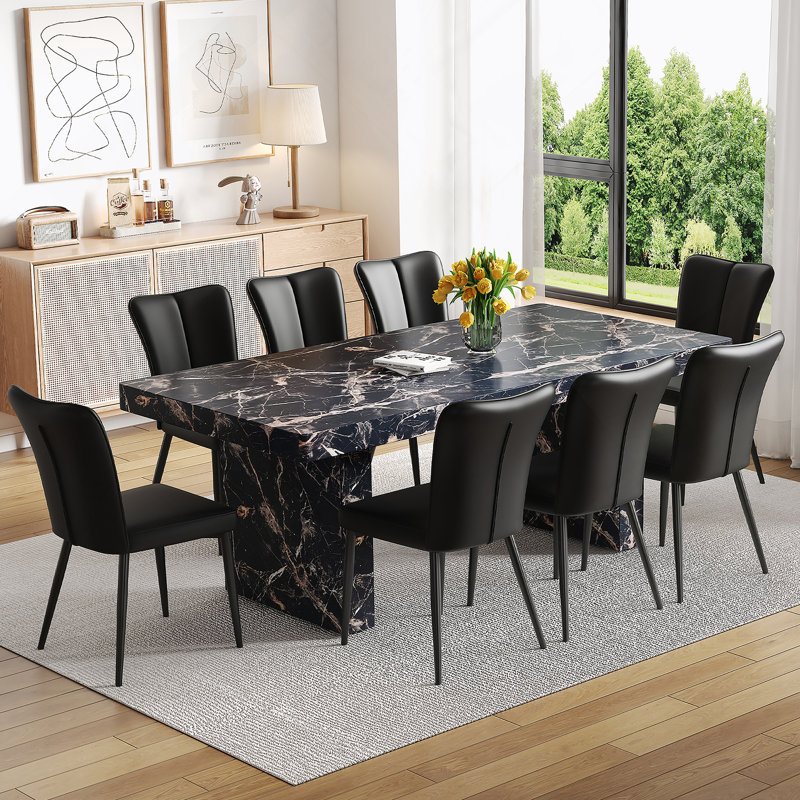Ensemble de table de salle à manger luxueuse à motif de marbre noir, 78,7 x 39,4 pouces, avec 8 chaises ergonomiques en polyuréthane