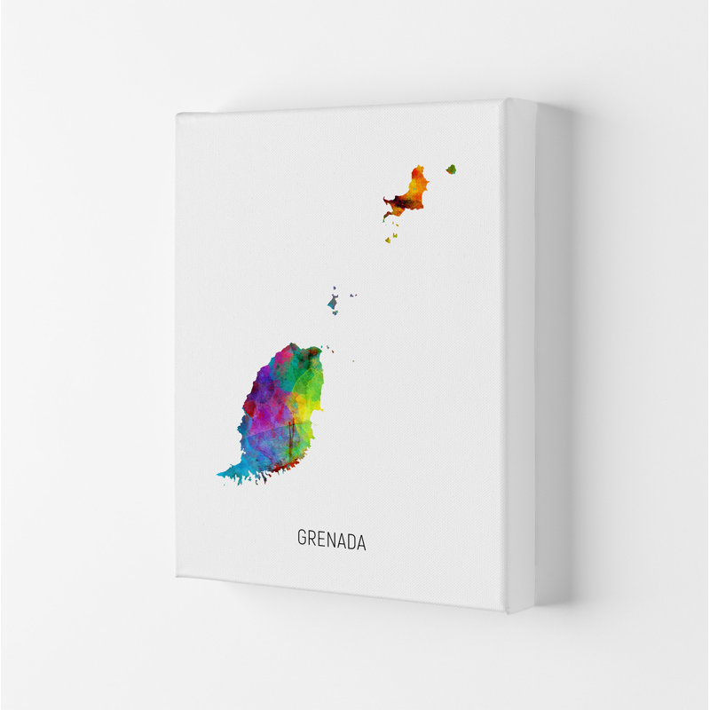 Grenada Watercolour Map by Michael Tompsett - Print, 42cm H x 29.7cm W x 4cm D, Wrapped Canvas