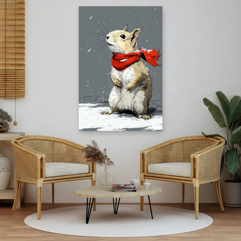 Cozy Squirrel In Snow Abstract Contemporary Squirrel Forest Landscape Wall Art Print 1 Piece Wrapped Canvas Wall Art