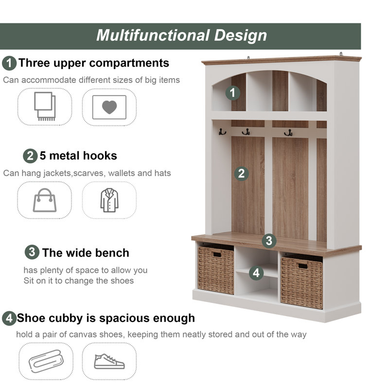 66.9" H Hall Tree Storage Rack - 5 Hooks + 3 Storage Compartments + Double Bamboo Baskets