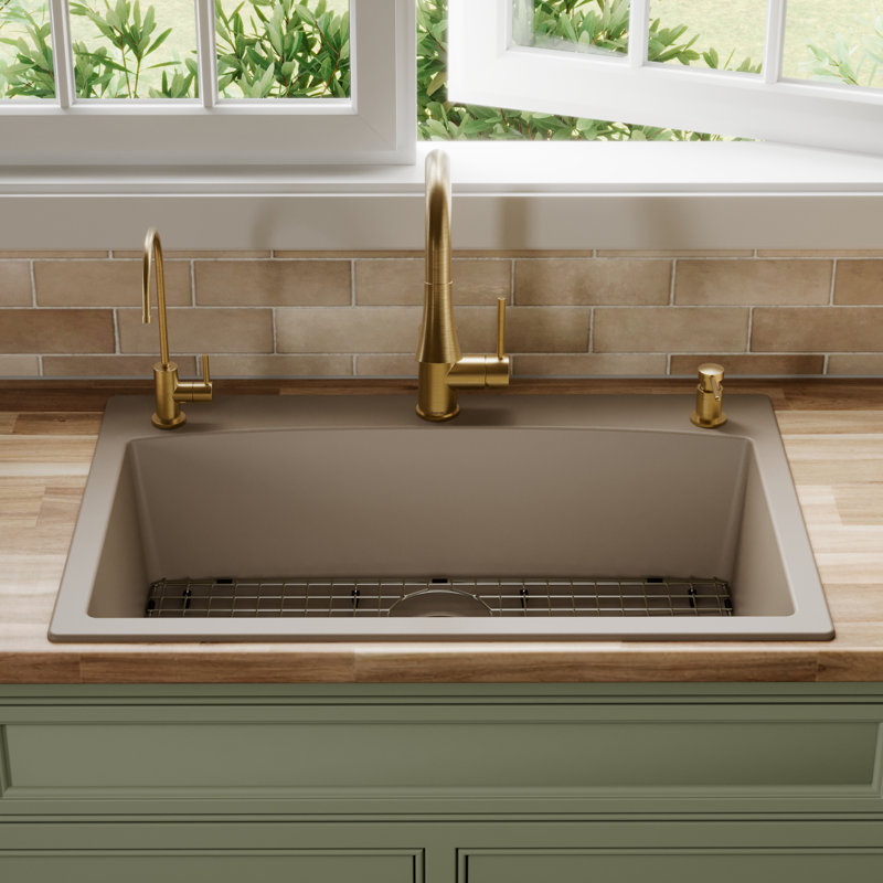 Karran Quartz 33'' X 22'' Single Bowl Top Mount Drop-in Kitchen Sink Kit, Concrete
