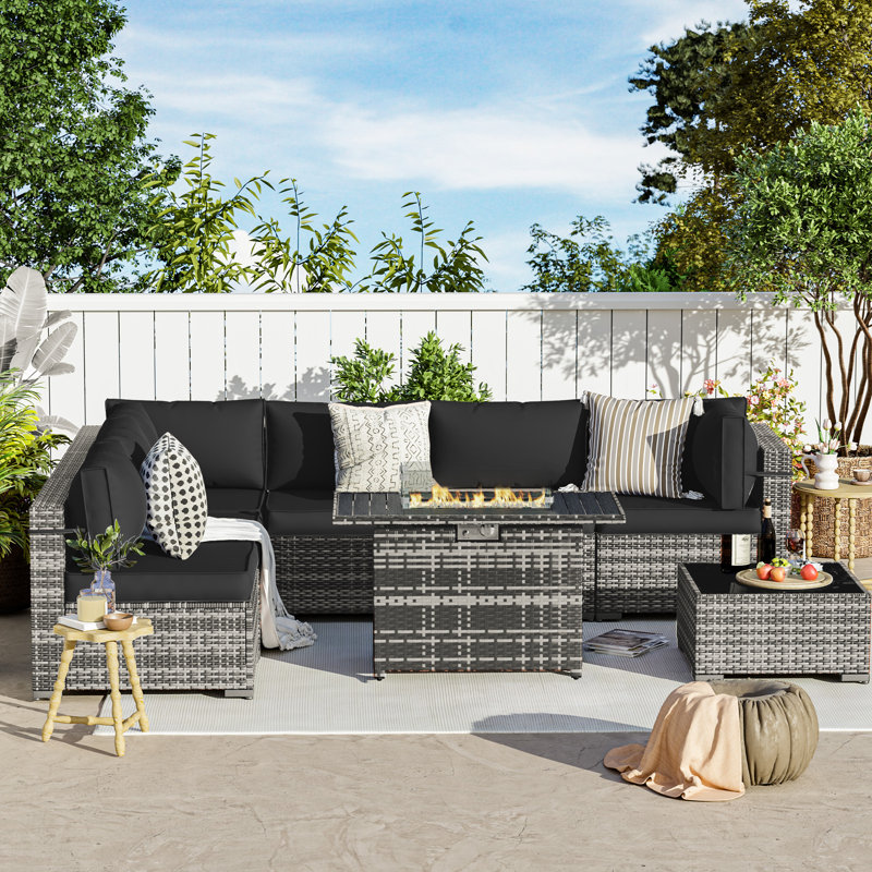 3 Piece Rattan Sectional Seating Group With Table, Black