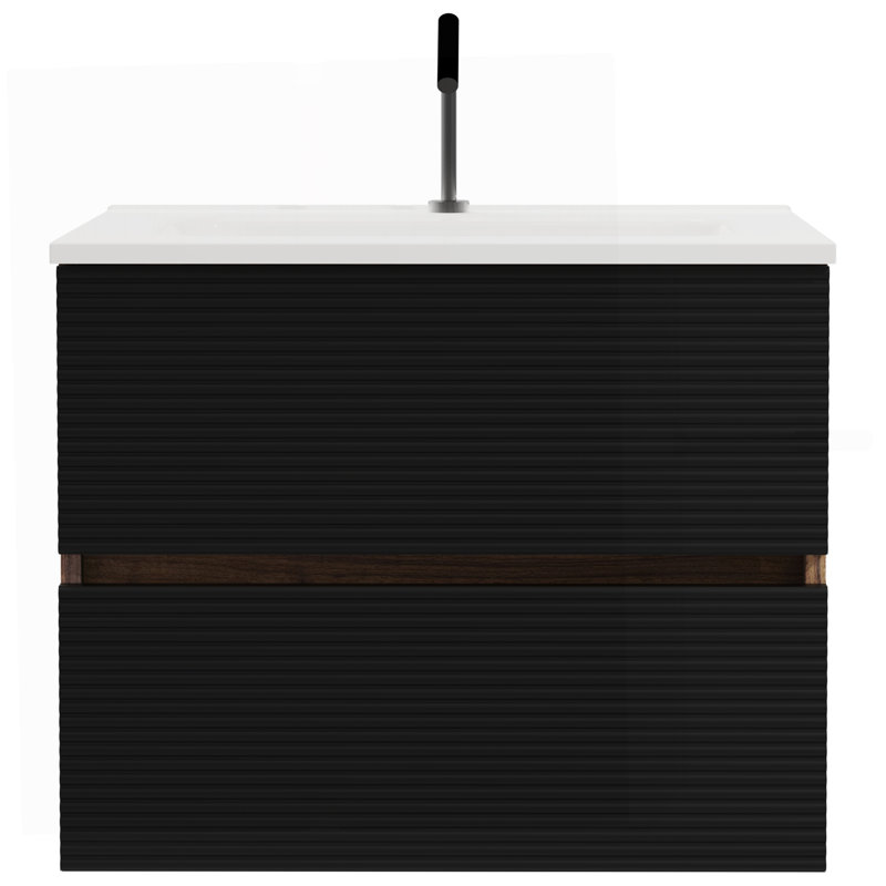Gloria 24" Wall Mounted Soft Black & Walnut Bathroom Vanity With Integrated Ceramic Sink With Overflow, Large Storage Floating Bathroom Vanity For Modern Bathroom, KD