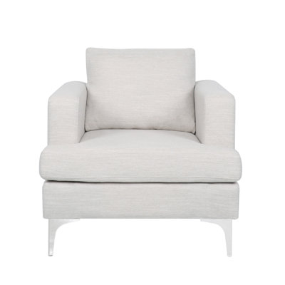 Fauteuil club décoratif, dossier et siège rembourrés, pieds argentés modernes, tissu beige