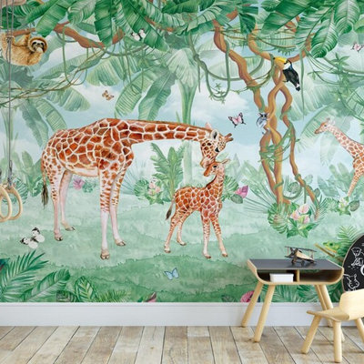 Enfants, jungle, girafe, papier peint mural, forêt tropicale, art mural pour chambre d'enfant, chambre à coucher, décor à thème nature