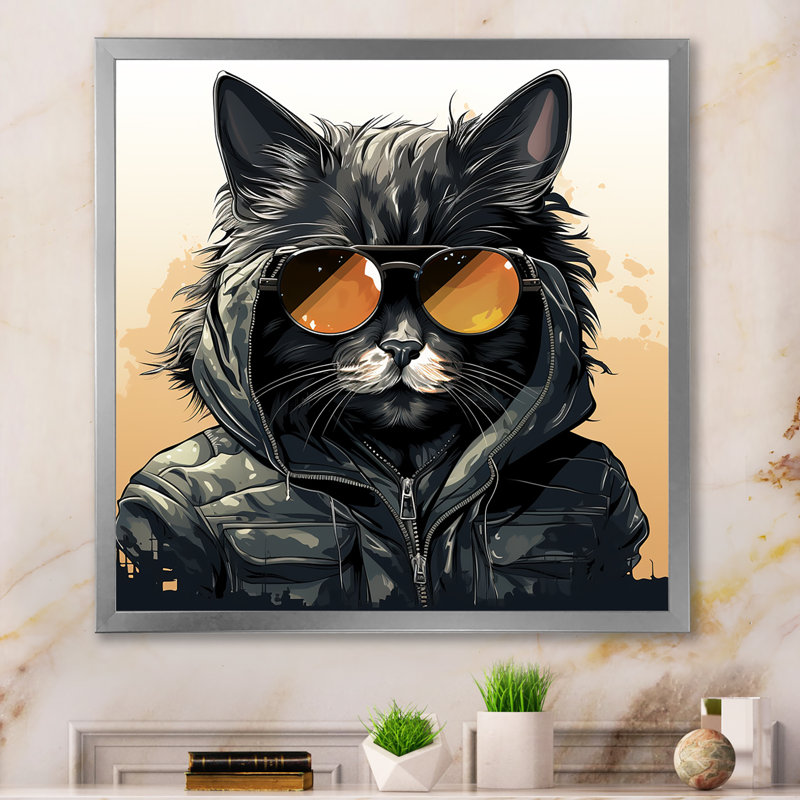 Chat noir dans des verres sur toile, H 16 po x l 16 po x P 1 po, Cadre simple argenté