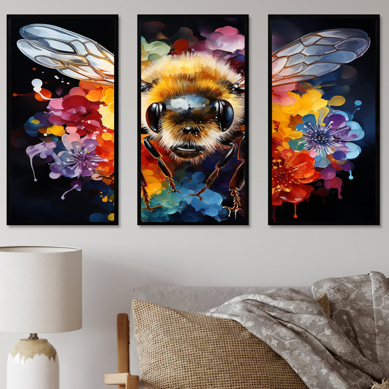 Art mural coloré insectes et insectes, Cadre flottant noir, H 28 po x l 36 po