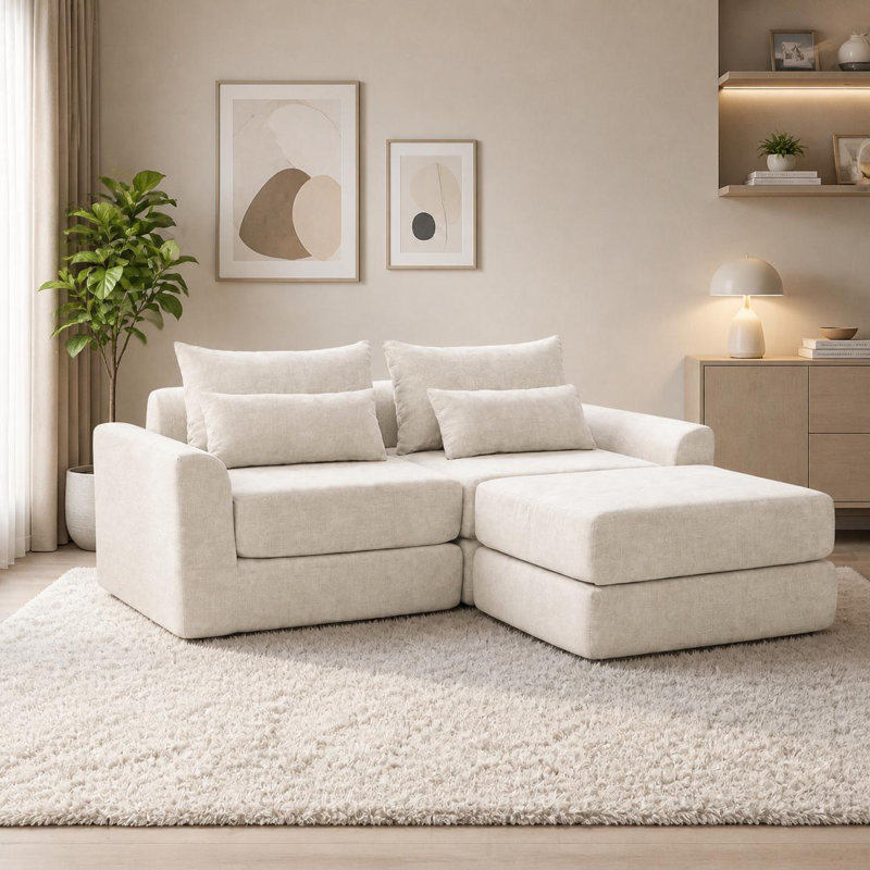 Canapé d'angle modulaire en forme de L avec pouf, housses lavables et assises en mousse mémoire (2 places + 1 pouf), Blanc