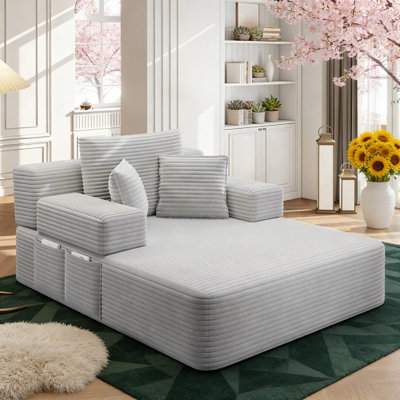 62" Light Gray Corduroy Foam Chaise Sofa Bed, Storage Pocket & Pillows, No Assembly
