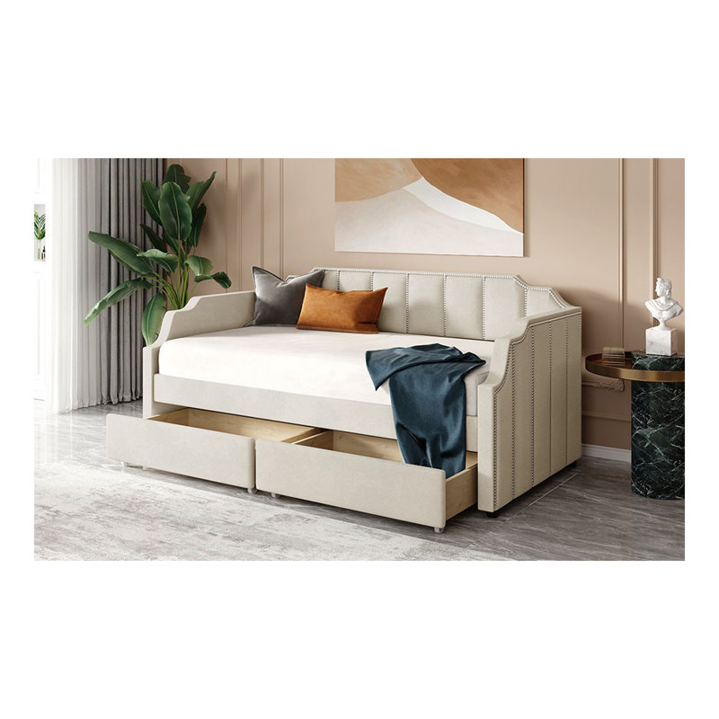 Lit de jour simple tapissier avec tiroirs, support à lattes Ileah, Beige
