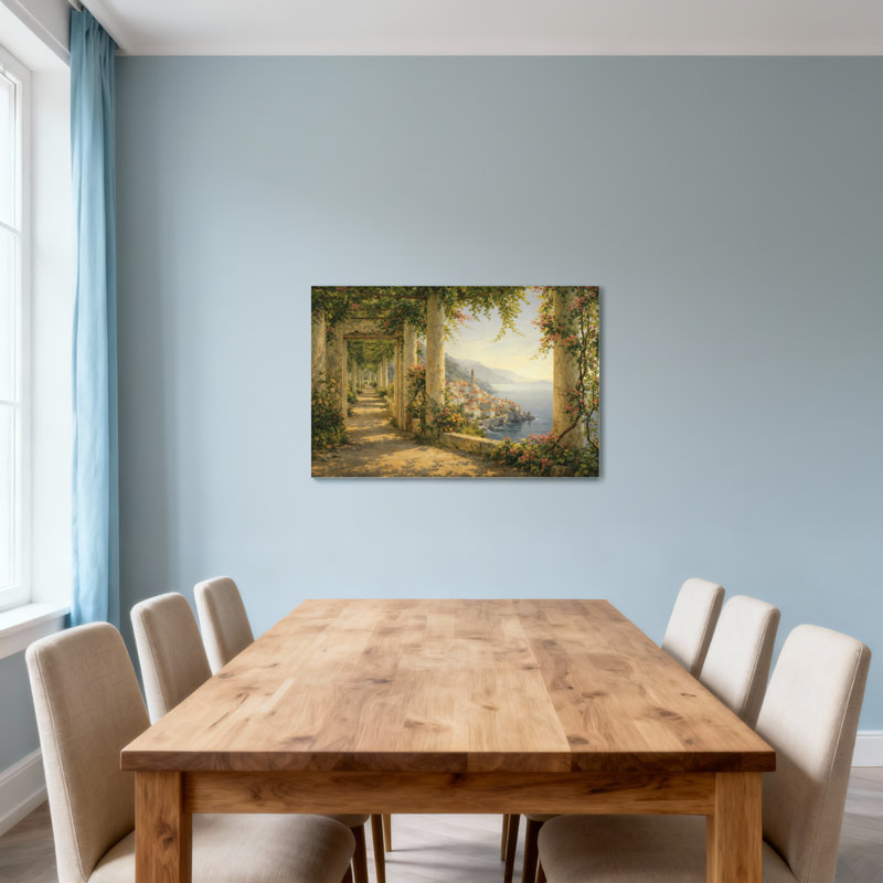 Chemin de jardin avec colonnes et vue sur la mer, H 12 po x l 18 po