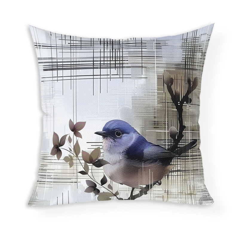Coussin décoratif oiseau sur une branche, H 20 po x l 20 po, Bleu / Vert