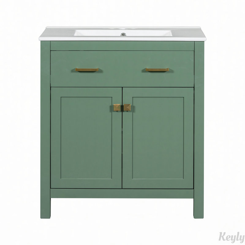 Meuble-lavabo simple moderne avec lavabo en céramique avec 2 portes et une tablette, Vert