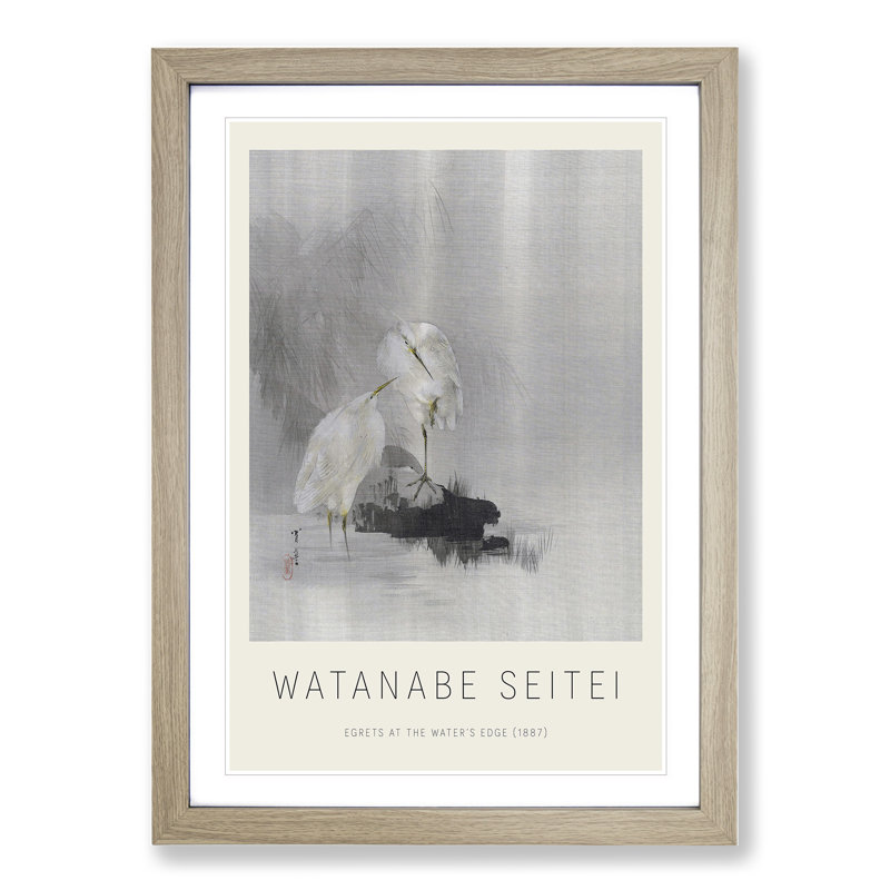 Egrets At The Waters Edge by Watanabe Seitei - Single Picture Frame Print, 48cm H x 36cm W x 2cm D, Oak Framed
