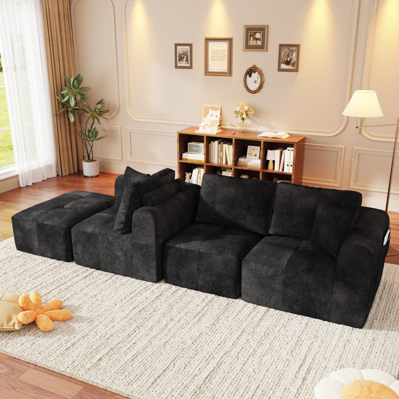 110" L-Shaped Sectional Sofa with Convertible Left/Right Ottoman, Boneless Sofa with Oversized Chaise & Layered Cushion, Upholstered Couches for Living Room Bedroom, No Assembly