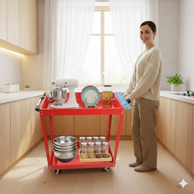 Chariot à outils sur roulettes. Un chariot utilitaire en acier robuste équipé de roues verrouillables et d'une capacité de charge de 400 livres. Ce chariot de service industriel convient aux garages, entrepôts et ateliers. Couleur: rouge vif avec deux couches.