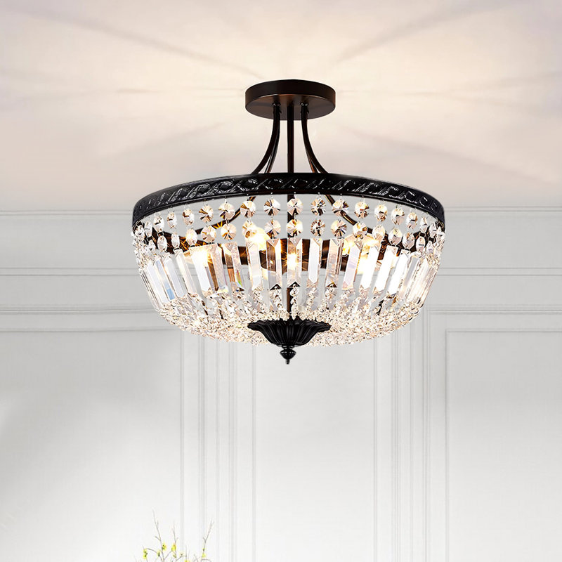 Lustre empire en cristal 6 lumières à intensité variable Jammal | Plafonnier semi-encastré noir en fer forgé