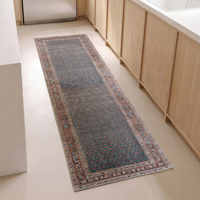 Tapis de couloir 3 pi x 12 pi - Revêtement antidérapant introduisant Grip Matters - Argile et bleu minéral tissé à plat Heritage, à poils courts - Tapis facile à nettoyer pour le couloir, la cuisine et l'entrée - Animaux de compagnie