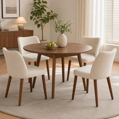 Ensemble de 4 chaises de salle à manger rembourrées en lin moderne, chaises d'appoint ergonomiques à dossier incurvé avec pieds en bois d'hévéa massif, meubles de cuisine polyvalents pour le salon et les petits appartements