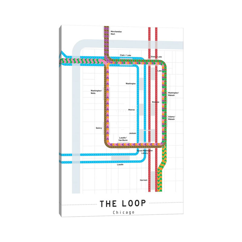 «Chicago Loop Map» par Project Subway NYC - reproduction de dessin sur toile tendue, H 12 po x l 8 po x P 0,75 po